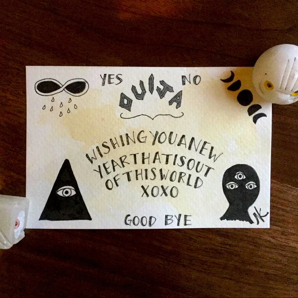Ouija ® hand-drawn limited edition postcards. Each one is unique. Ink & tea, 4x6
